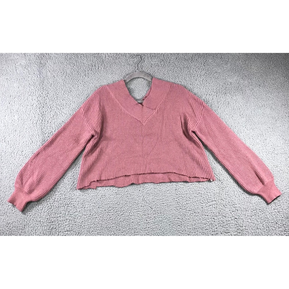 Pink Rose Vintage Sweater Women Large Cropped‎ Oversized Balloon Sleeve Top